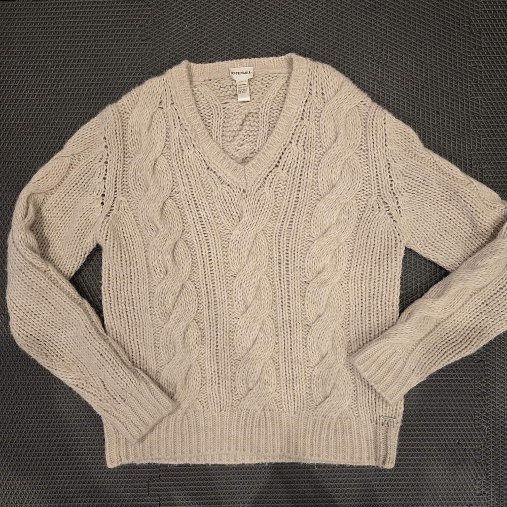 Diesel V-Neck Cable Wool Blend Men's Sweater in Light Beige